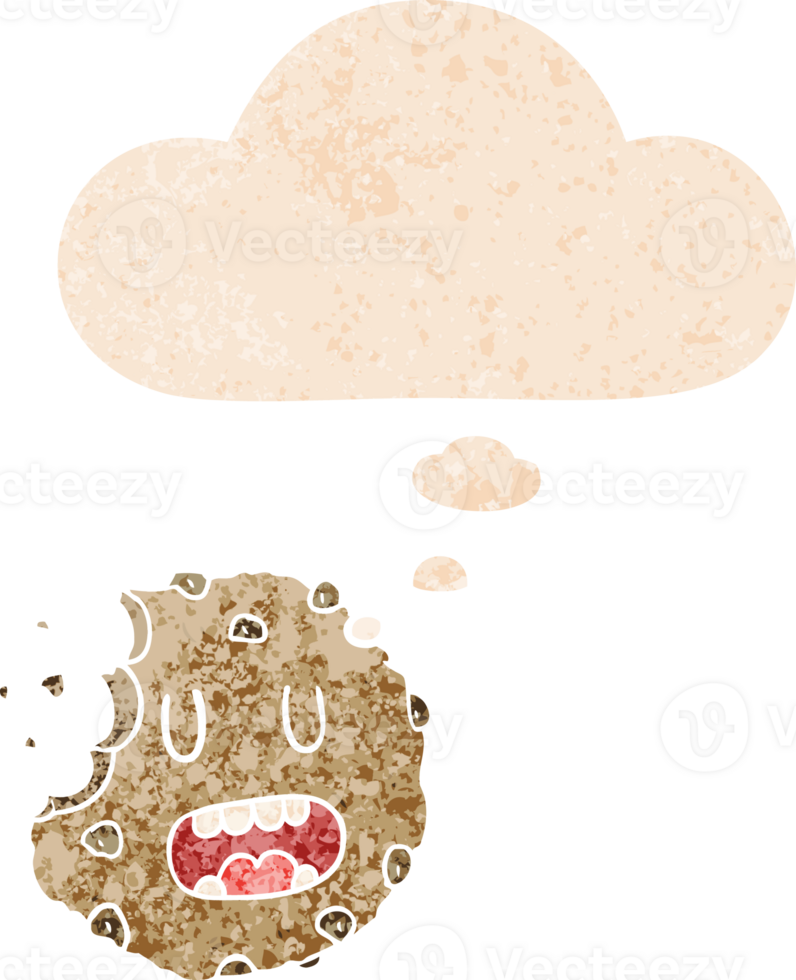 cartoon cookie with thought bubble in grunge distressed retro textured style png