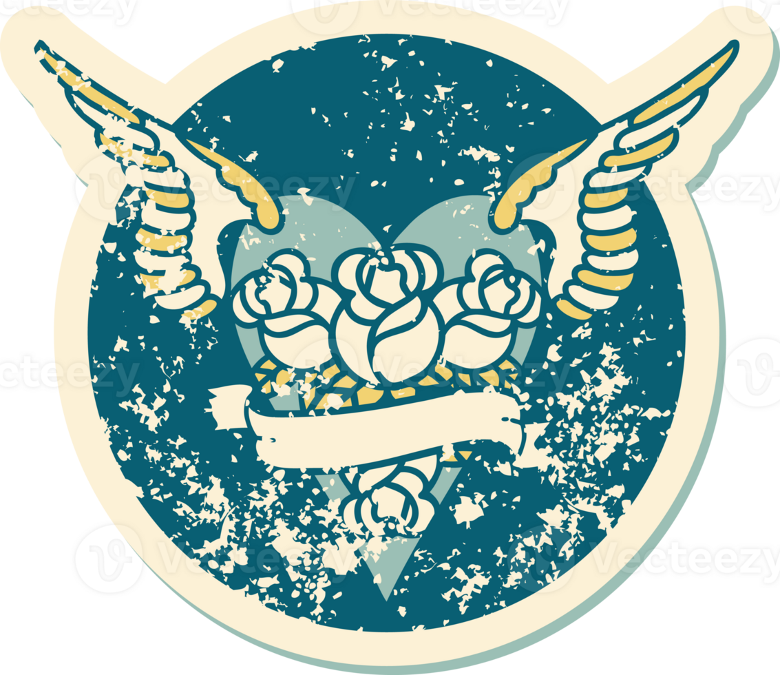 iconic distressed sticker tattoo style image of a flying heart with flowers and banner png