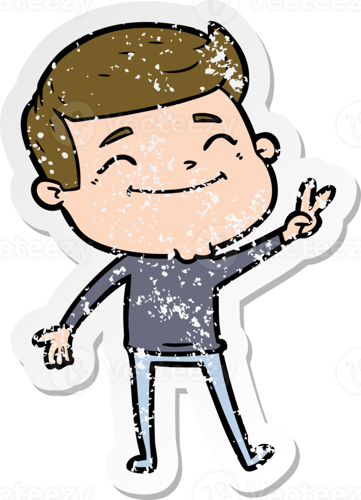 distressed sticker of a happy cartoon man png