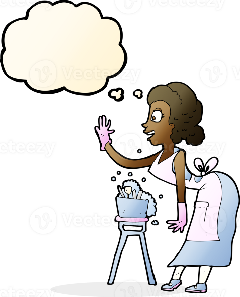 cartoon housewife washing up with thought bubble png