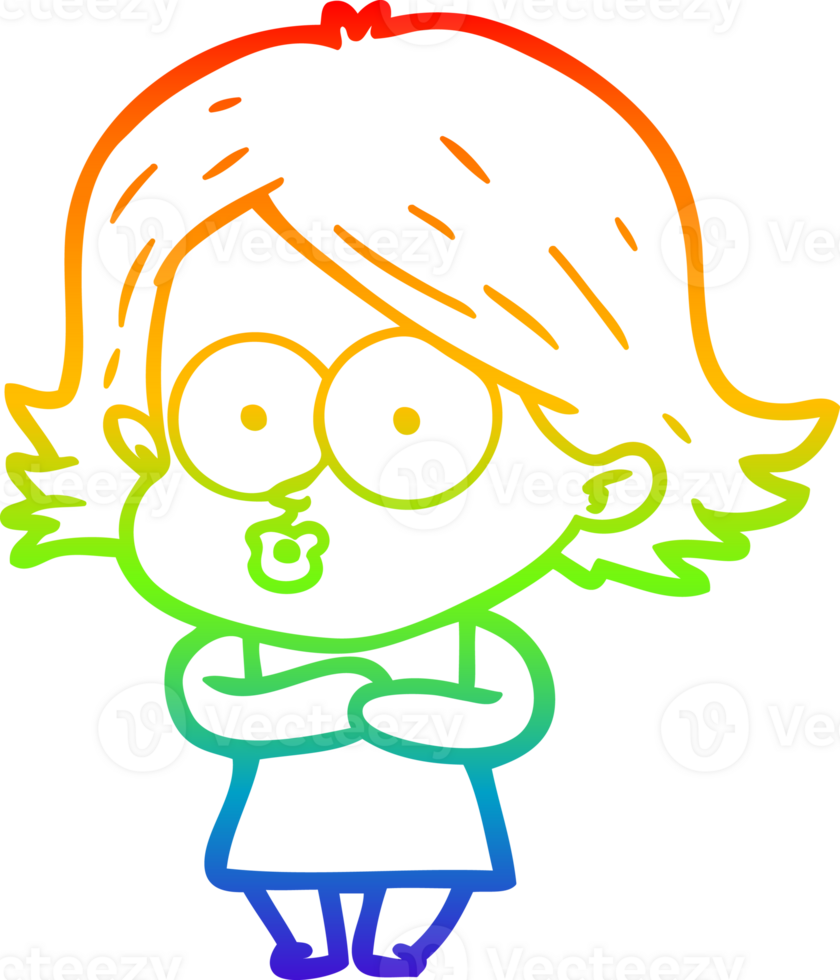 rainbow gradient line drawing of a cartoon girl pouting png