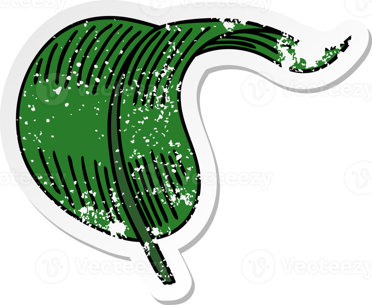 distressed sticker of a quirky hand drawn cartoon blowing leaf png