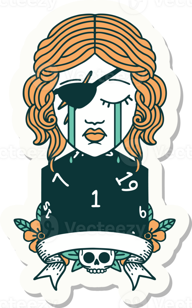 sticker of a crying human rogue with natural one roll png