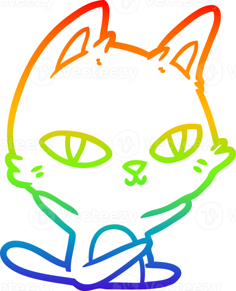 rainbow gradient line drawing of a cartoon cat staring png
