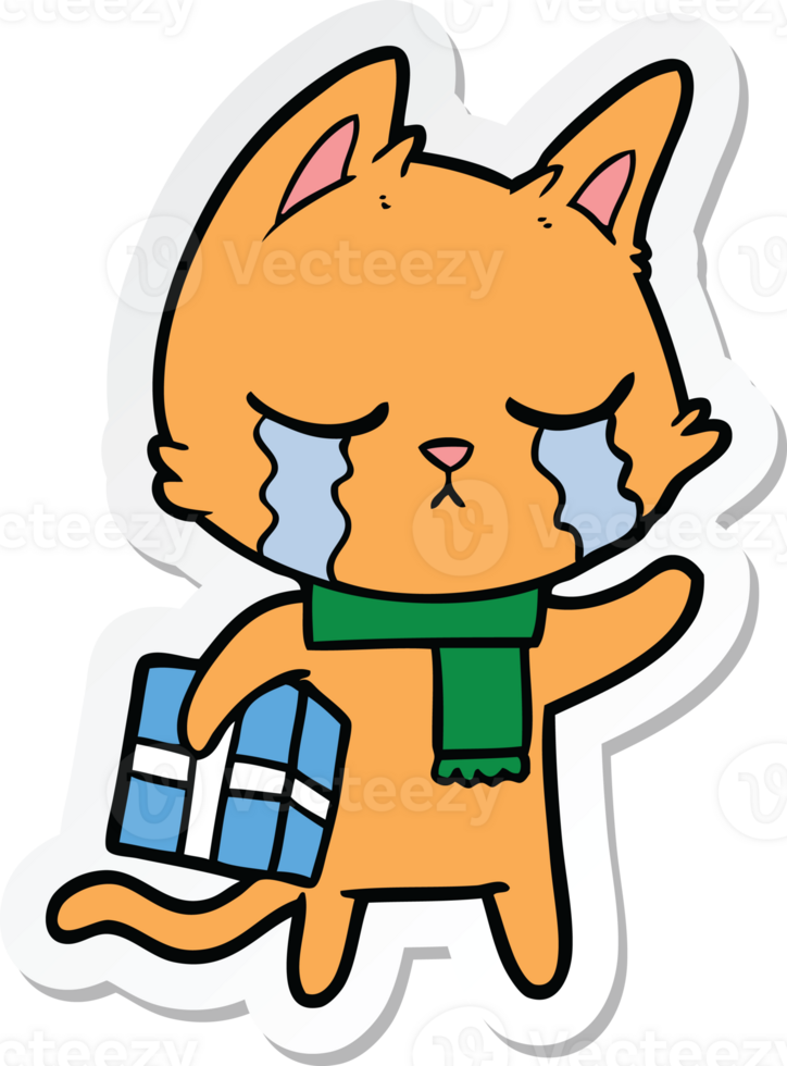 sticker of a crying cartoon cat holding christmas present png