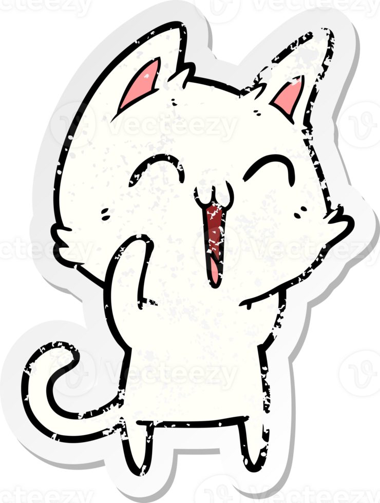 distressed sticker of a happy cartoon cat png
