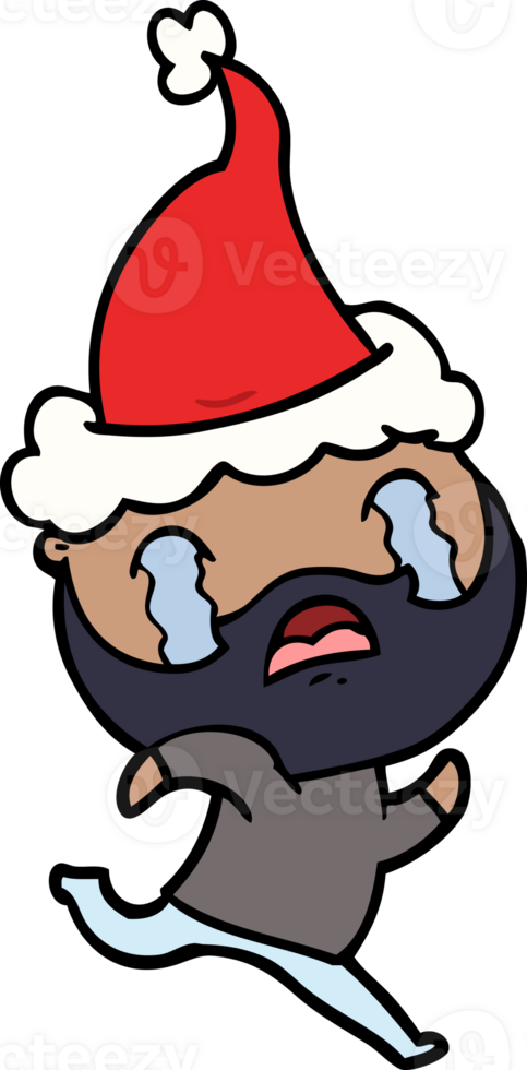 hand drawn line drawing of a bearded man crying wearing santa hat png