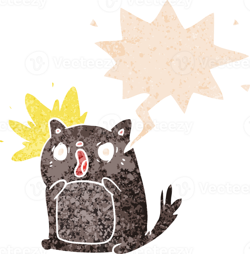 cartoon shocked cat with speech bubble in grunge distressed retro textured style png