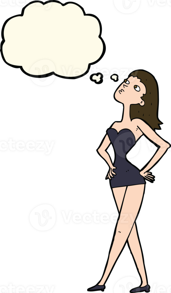cartoon woman in party dress with thought bubble png