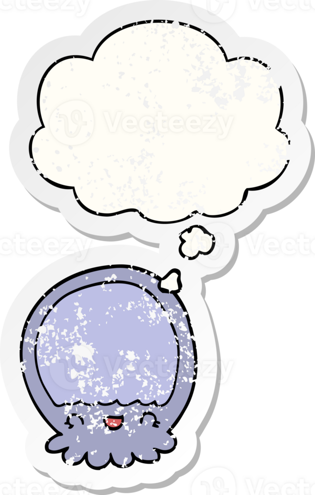 cartoon jellyfish with thought bubble as a distressed worn sticker png