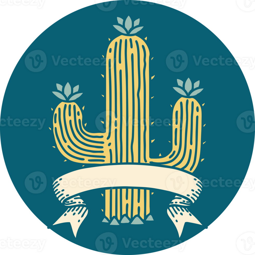 tattoo style icon with banner of a cactus png