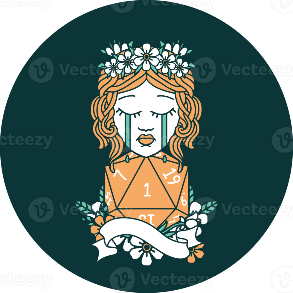 icon of crying human druid with D20 natural one roll png