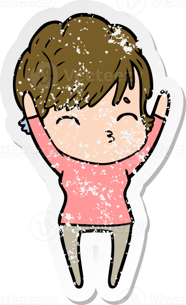 distressed sticker of a cartoon woman thinking png