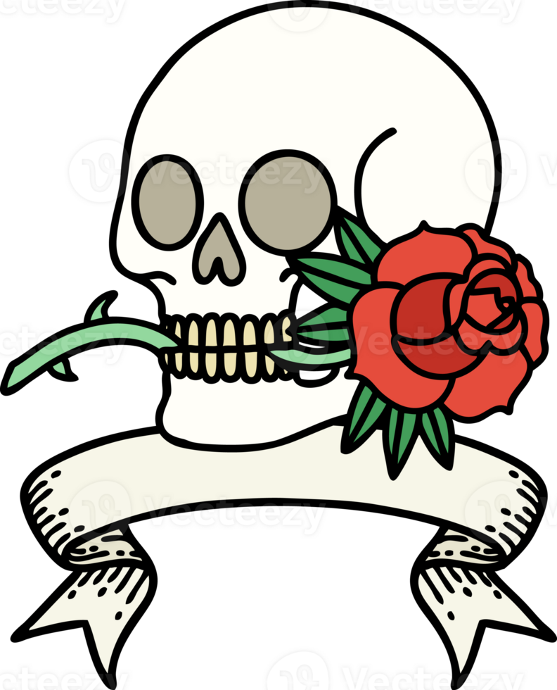 traditional tattoo with banner of a skull and rose png