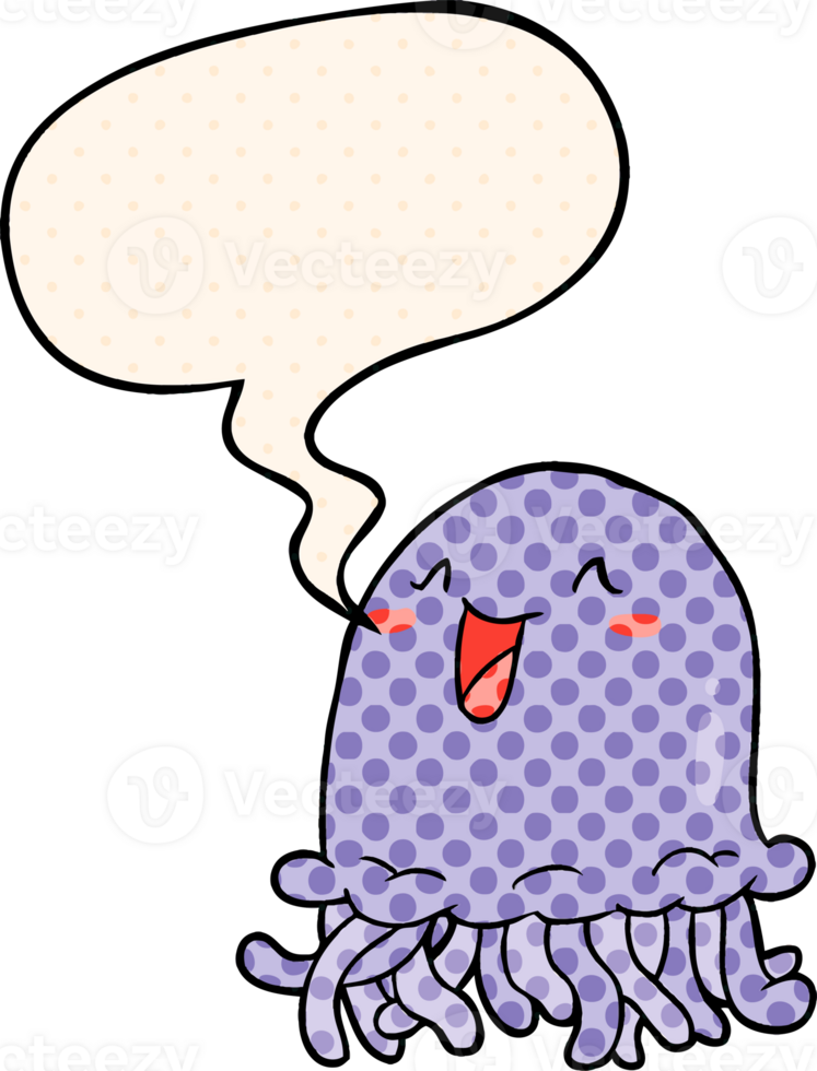 happy cartoon jellyfish with speech bubble in comic book style png