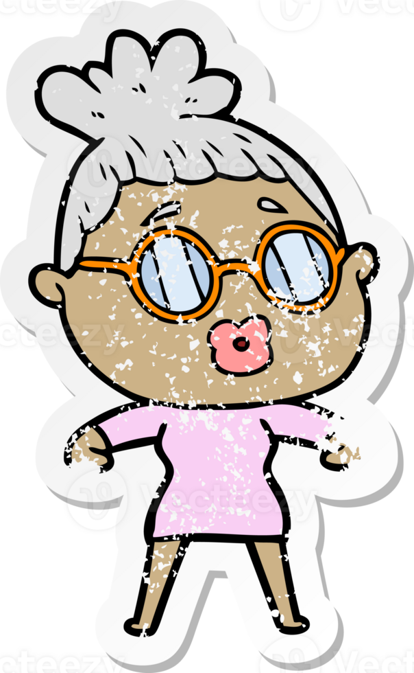 distressed sticker of a cartoon woman wearing spectacles png