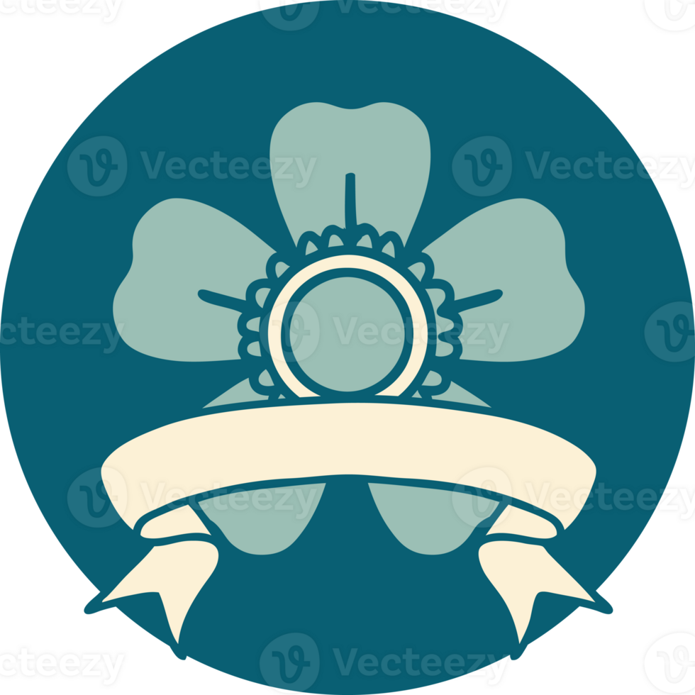 tattoo style icon with banner of a flower png