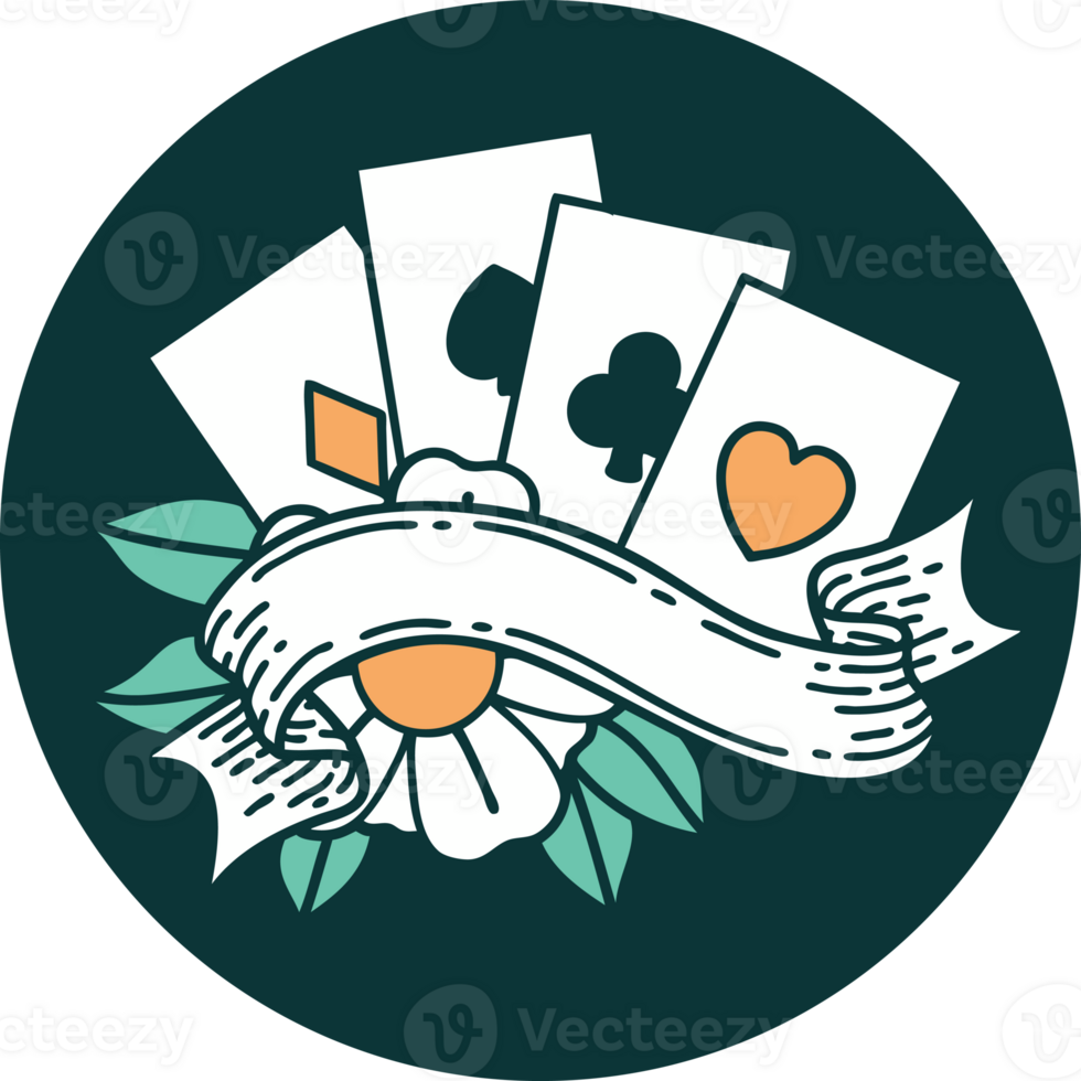 iconic tattoo style image of cards and banner png