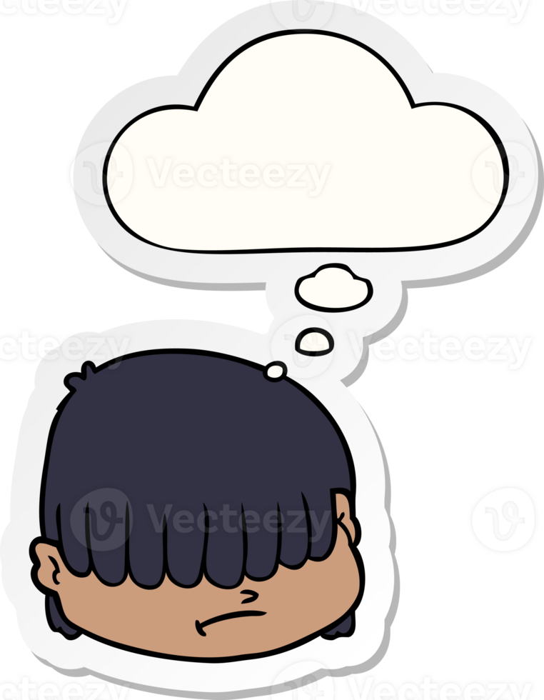cartoon face with hair over eyes with thought bubble as a printed sticker png