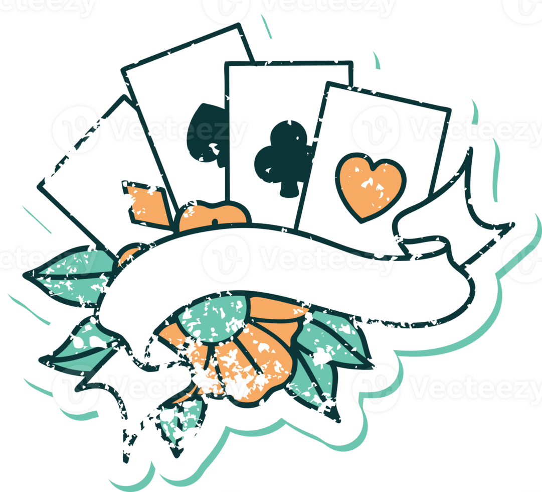 iconic distressed sticker tattoo style image of cards and banner png