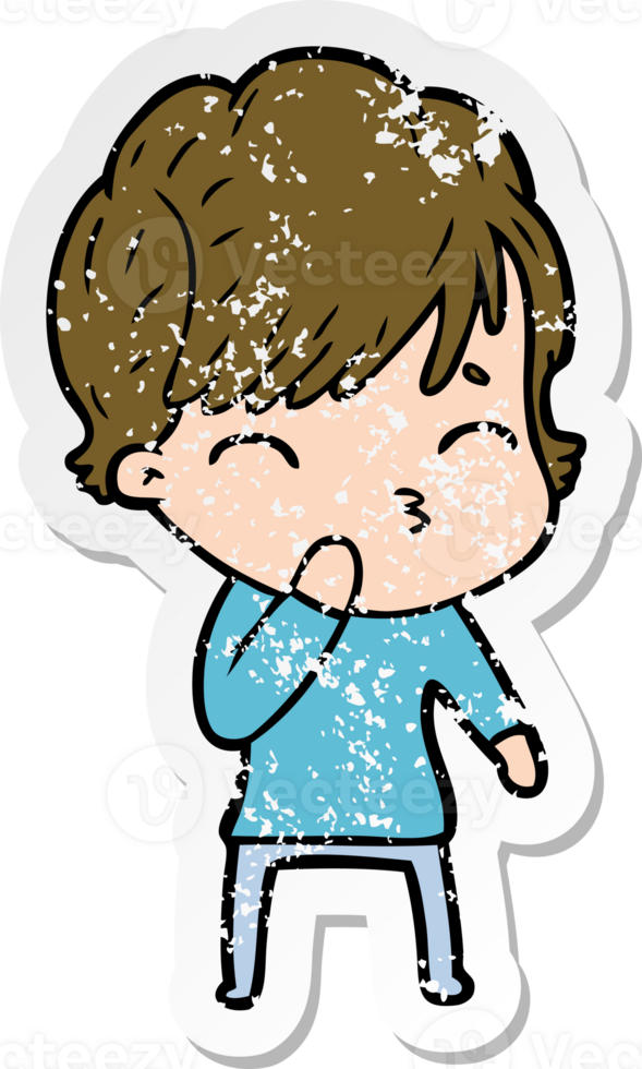 distressed sticker of a cartoon woman thinking png