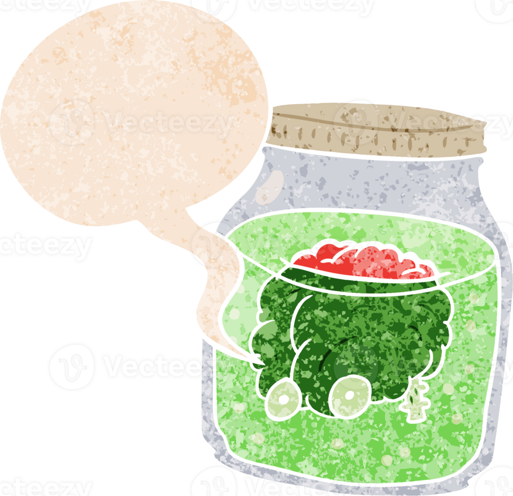 cartoon spooky brain in jar with speech bubble in grunge distressed retro textured style png