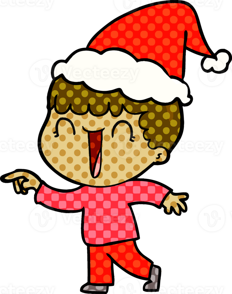 laughing hand drawn comic book style illustration of a man pointing wearing santa hat png