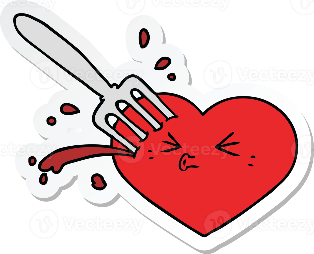 sticker of a cartoon love heart stuck with fork png