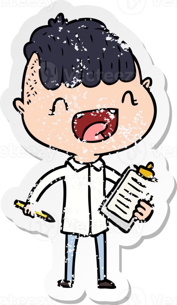 distressed sticker of a cartoon happy boy with clip board laughing png