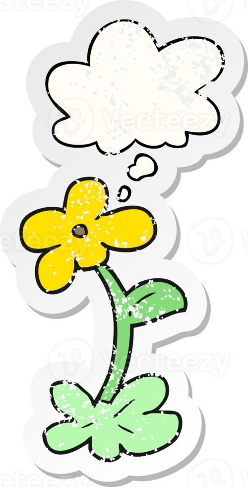 cartoon flower with thought bubble as a distressed worn sticker png