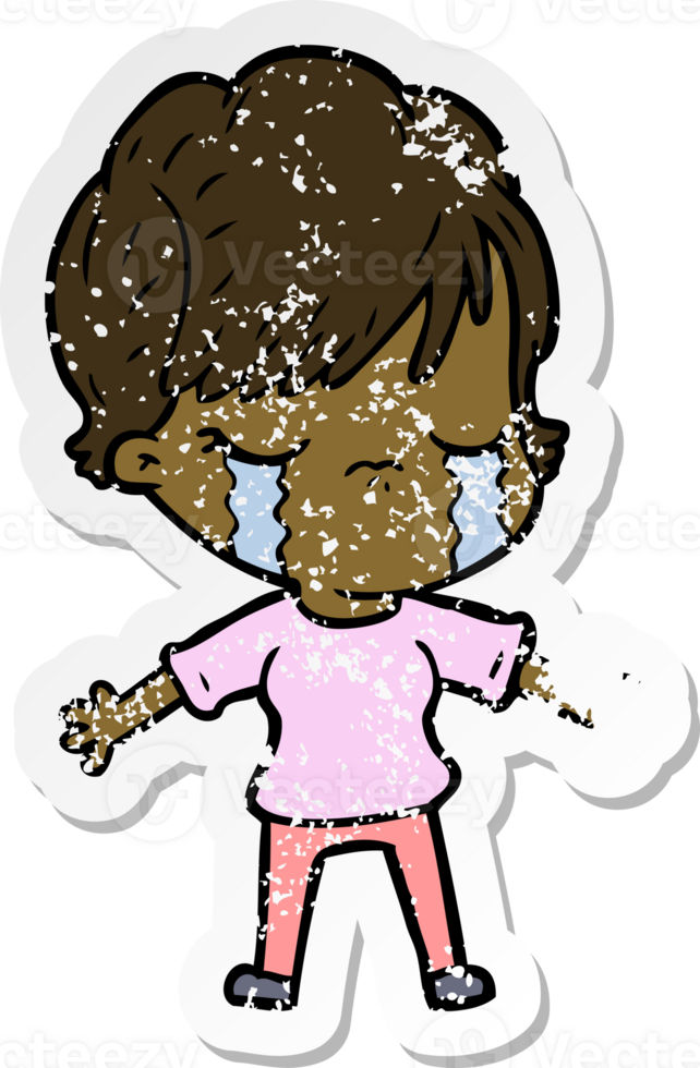 distressed sticker of a cartoon woman crying png