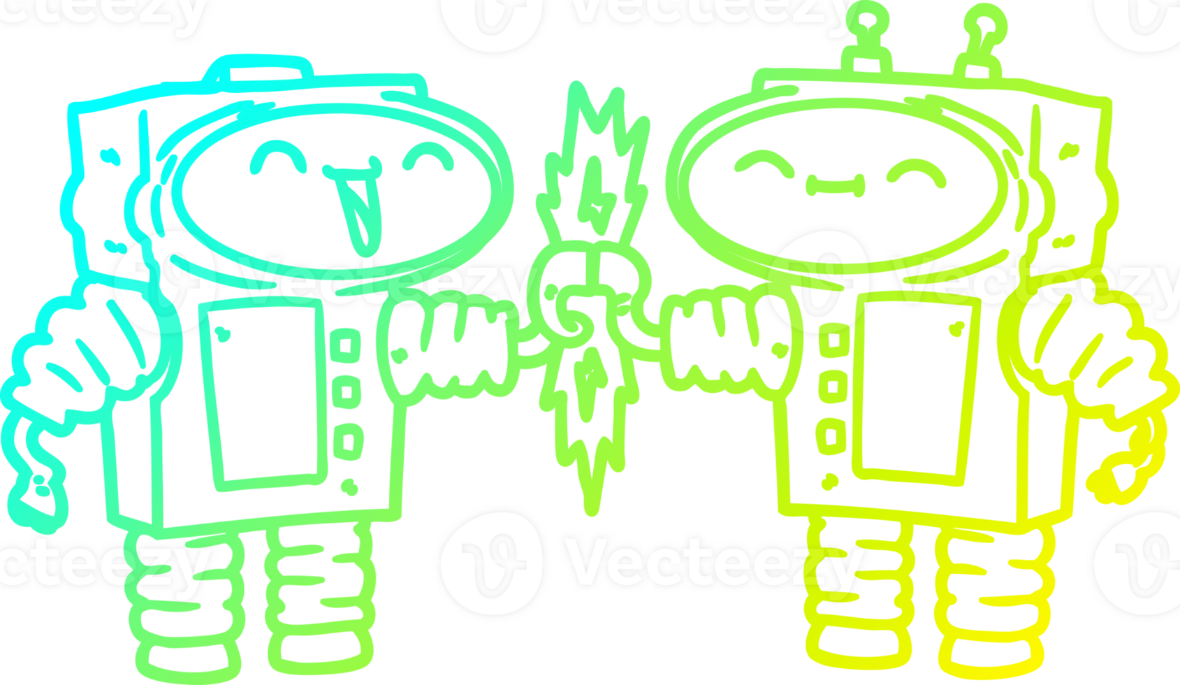 cold gradient line drawing of a cartoon robots connecting png