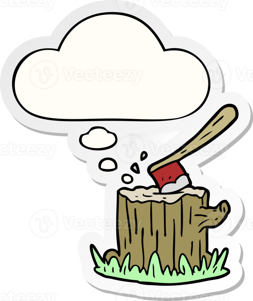 cartoon axe in tree stump with thought bubble as a printed sticker png