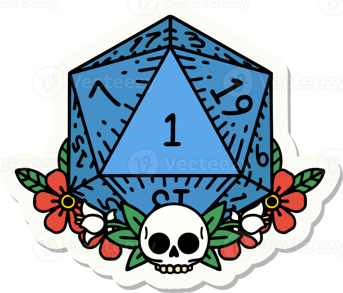 sticker of a natural one dice roll with floral elements png
