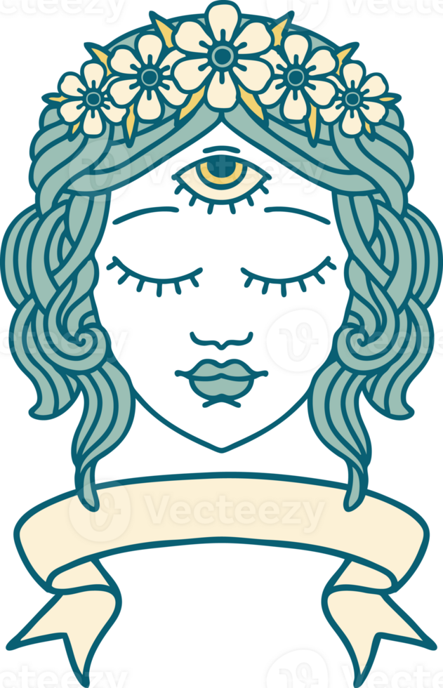 traditional tattoo with banner of female face with third eye and crown of flowers png