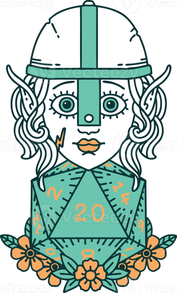 Retro Tattoo Style elf fighter with natural twenty dice roll png