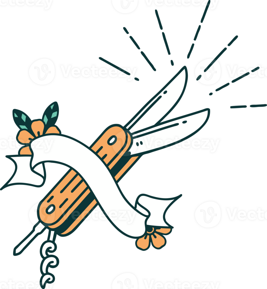 scroll banner with tattoo style folding knife png