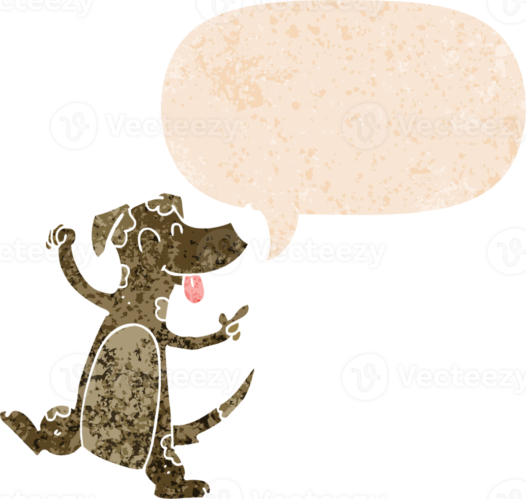 cartoon dancing dog with speech bubble in grunge distressed retro textured style png