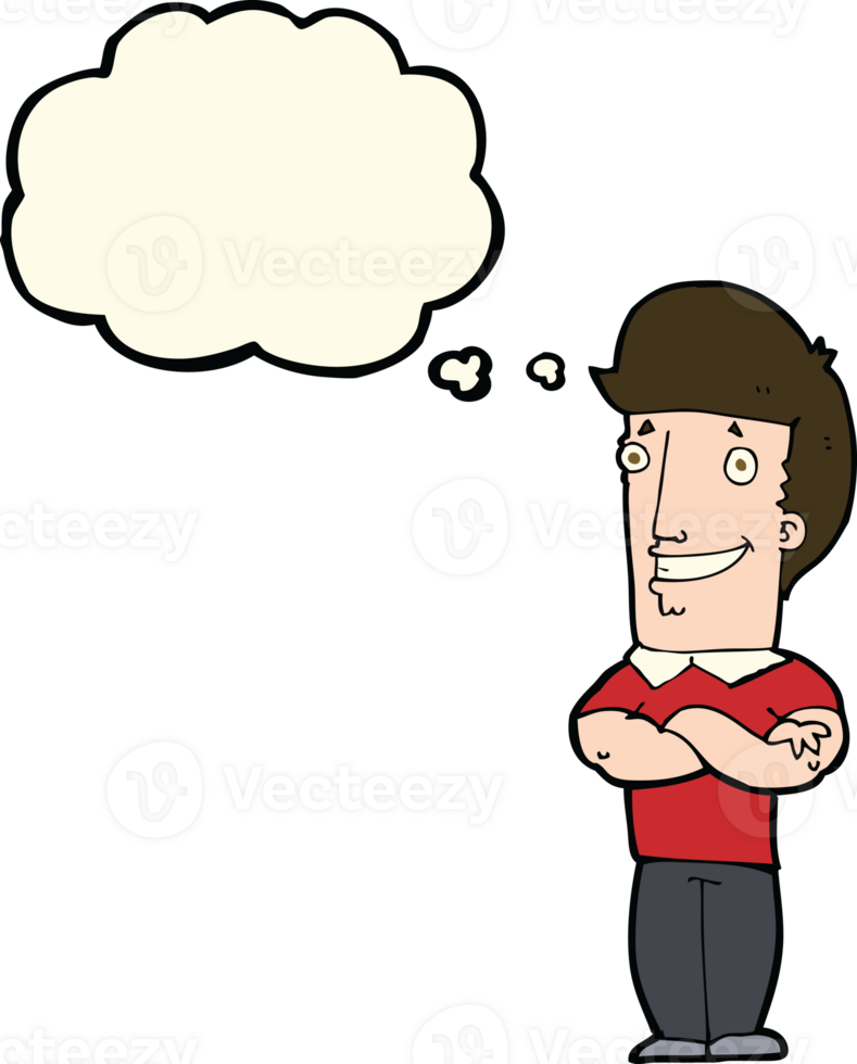 cartoon man with folded arms grinning with thought bubble png