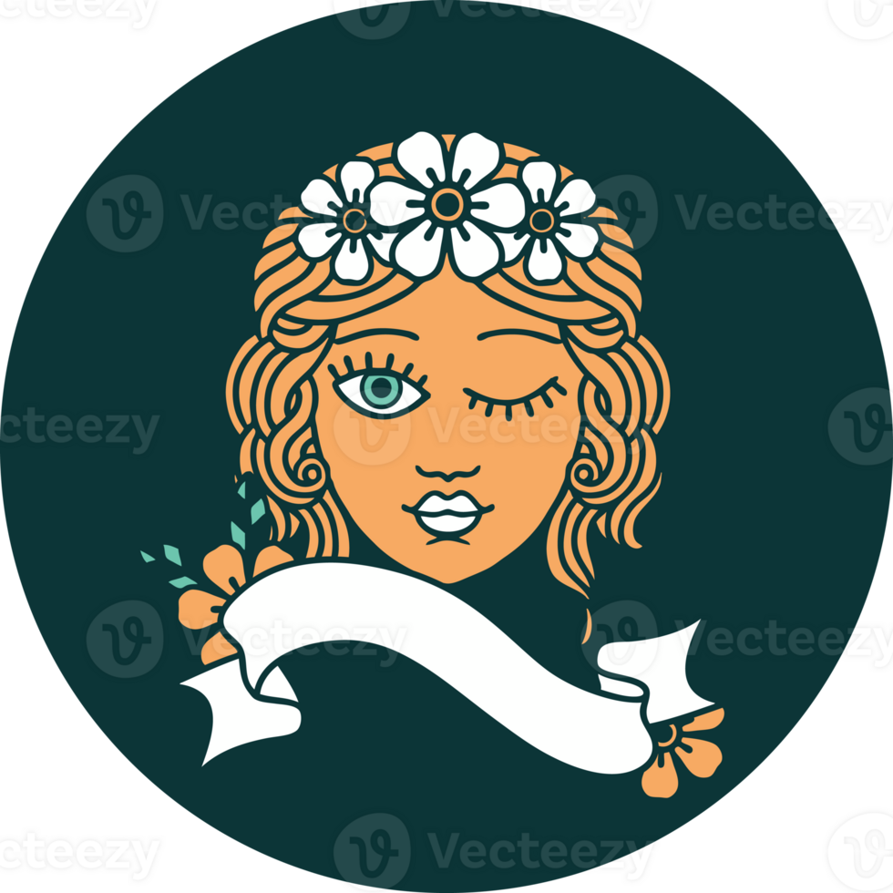 tattoo style icon with banner of a maiden with crown of flowers winking png