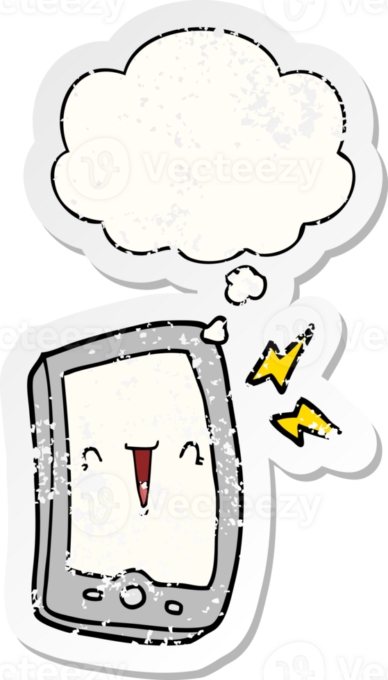 cute cartoon mobile phone with thought bubble as a distressed worn sticker png