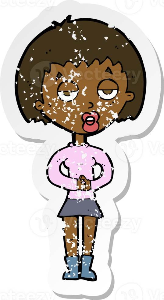 retro distressed sticker of a cartoon bored woman waiting png
