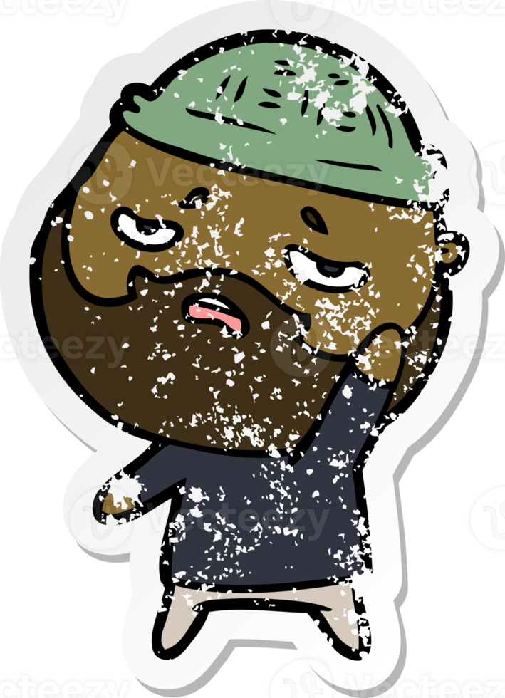 distressed sticker of a cartoon worried man with beard png