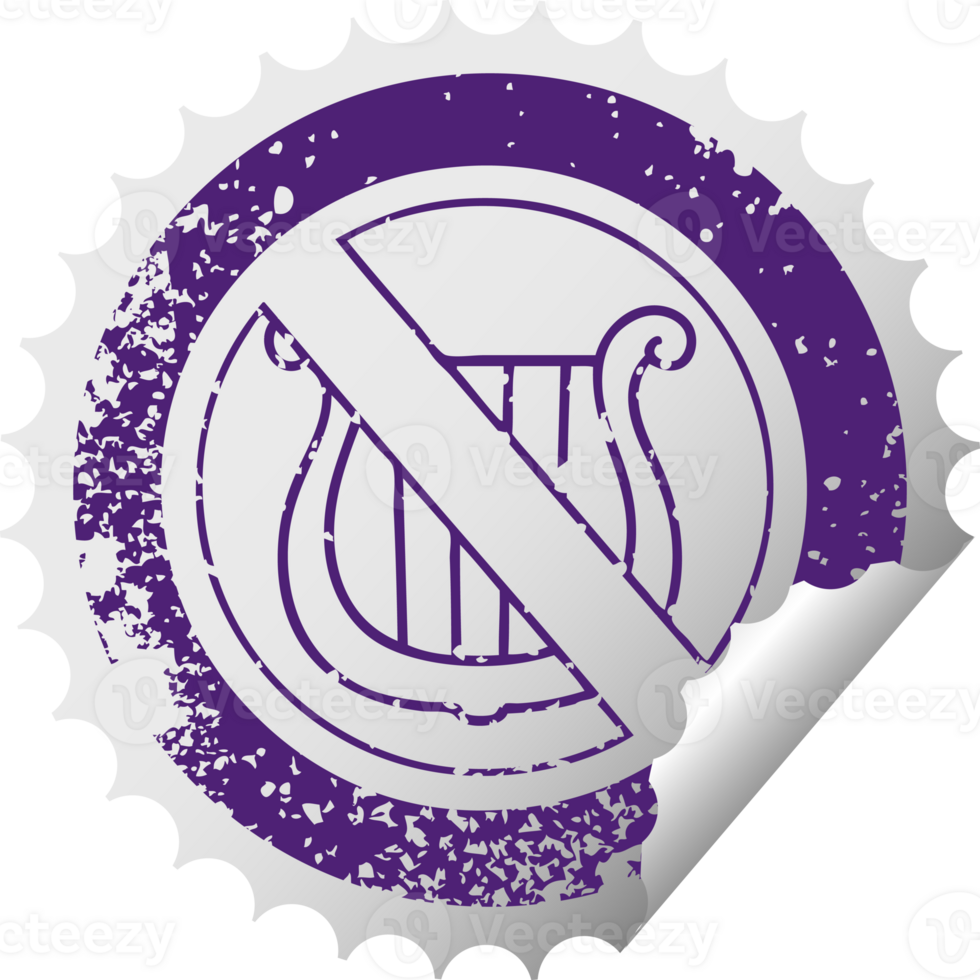 distressed circular peeling sticker symbol of a no music allowed sign png