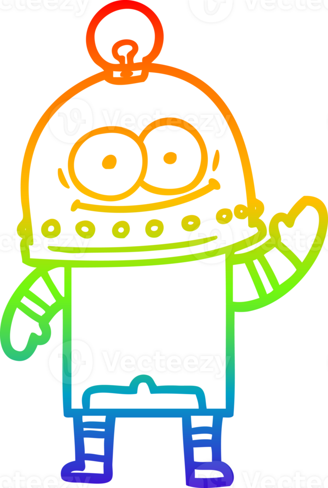 rainbow gradient line drawing of a happy carton robot with light bulb png