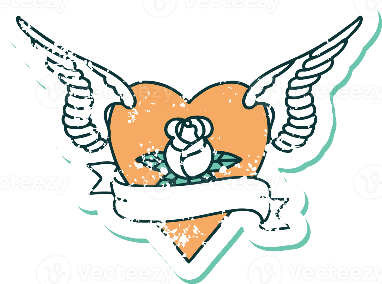 iconic distressed sticker tattoo style image of heart with wings a rose and banner png