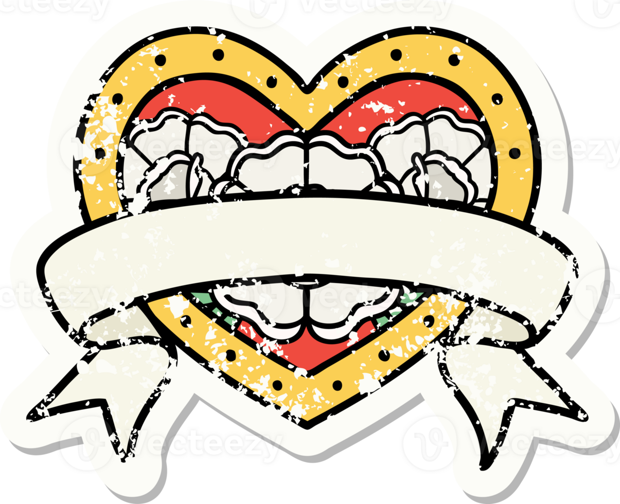 distressed sticker tattoo in traditional style of a heart and banner with flowers png