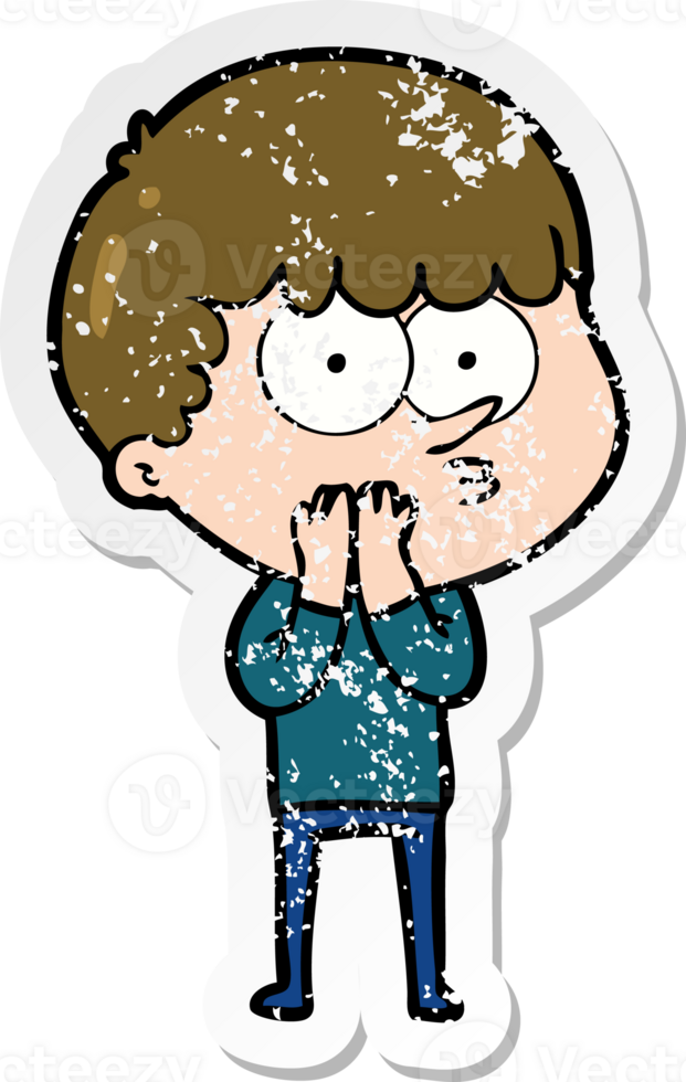distressed sticker of a cartoon curious boy png