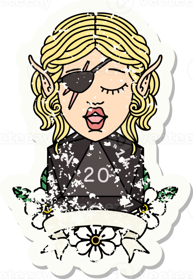 Retro Tattoo Style elf rogue character with natural twenty dice roll png
