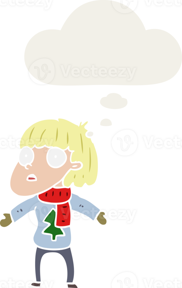 cartoon surprised christmas person with thought bubble in retro style png